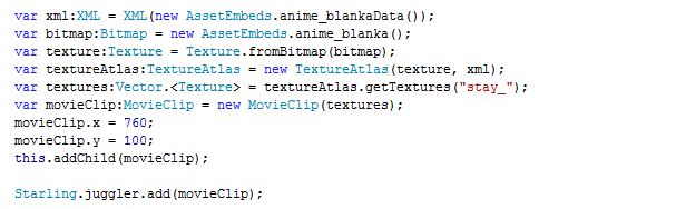 var movieClip:MovieClip = new MovieClip(textures);movieClip.x = 760;movieClip.y = 100;this.addChild(movieClip);Starling.juggler.add(movieClip);